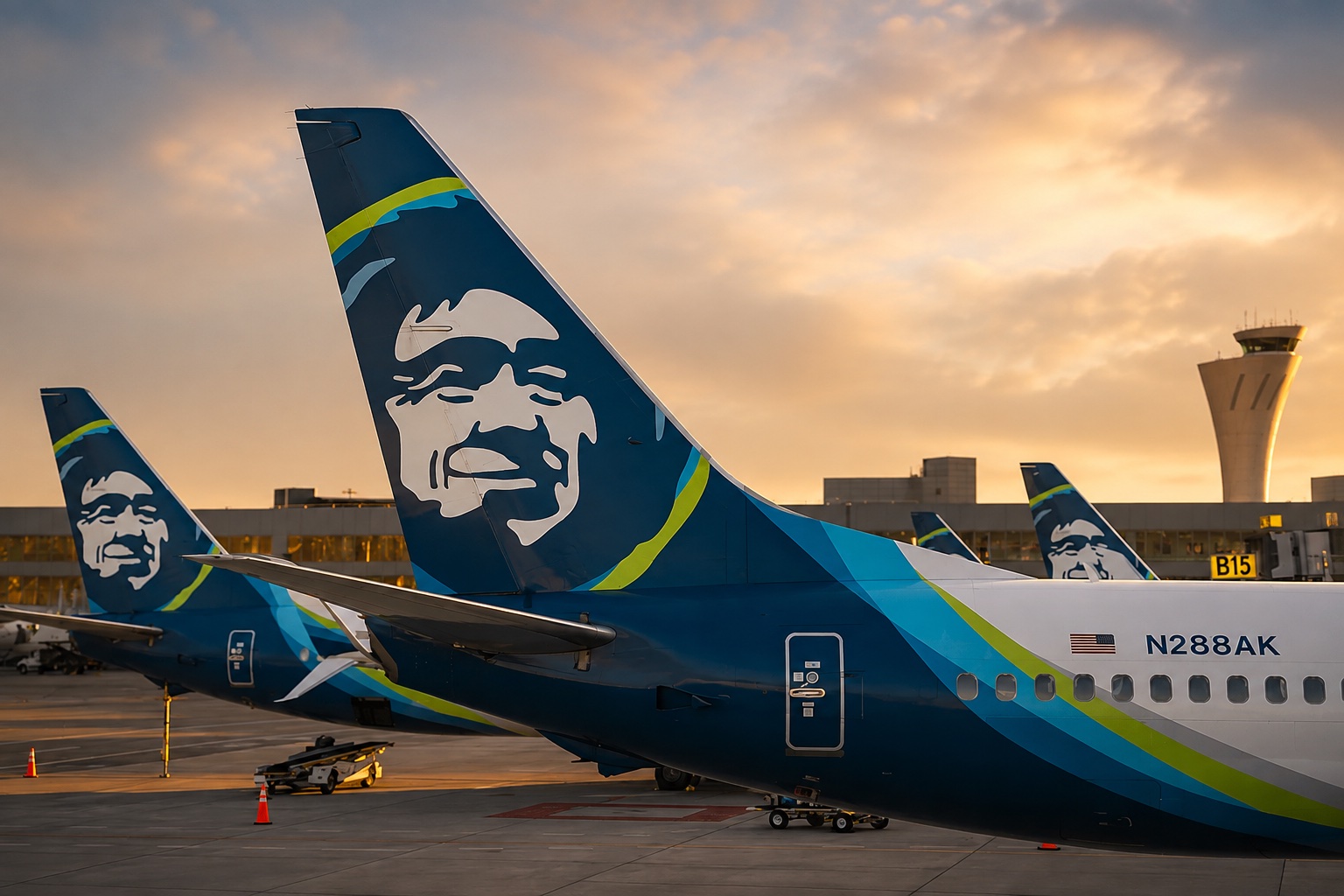 Edited photograph of Alaska Airlines aircraft at sunset