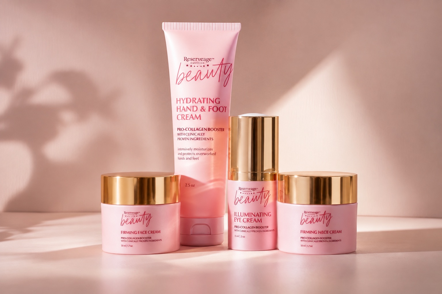 Reserveage skincare products arranged in an edited studio composition