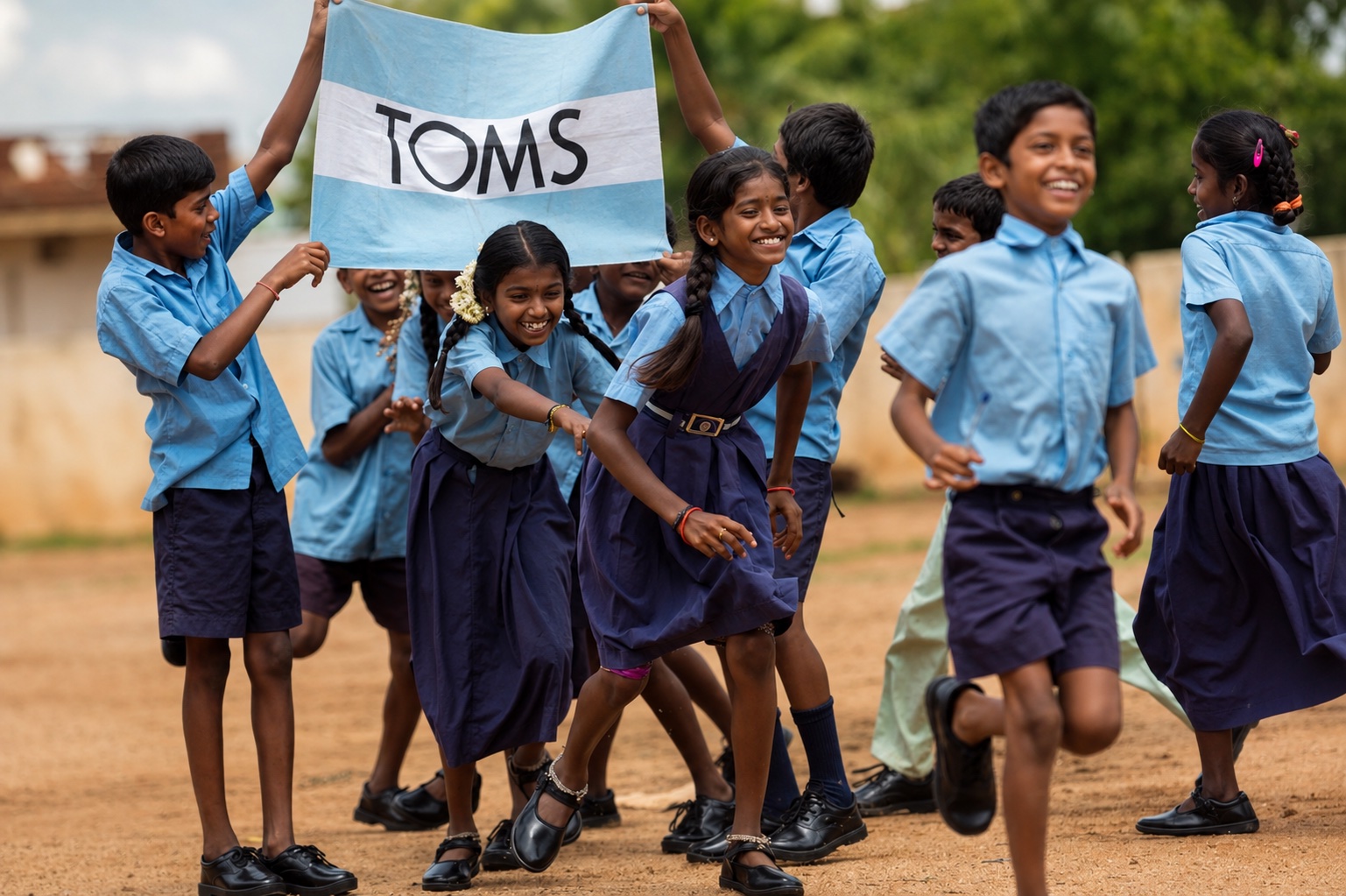 Edited photograph of children running with a TOMS flag